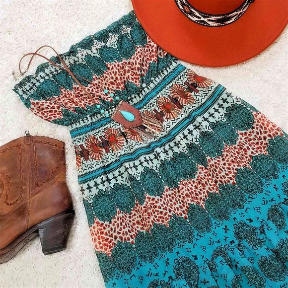 Chesley Dresses & Skirts - Dress. Strapless. Teal, Burnt Orange, Multi Print. Chesley Brand. Size Small.